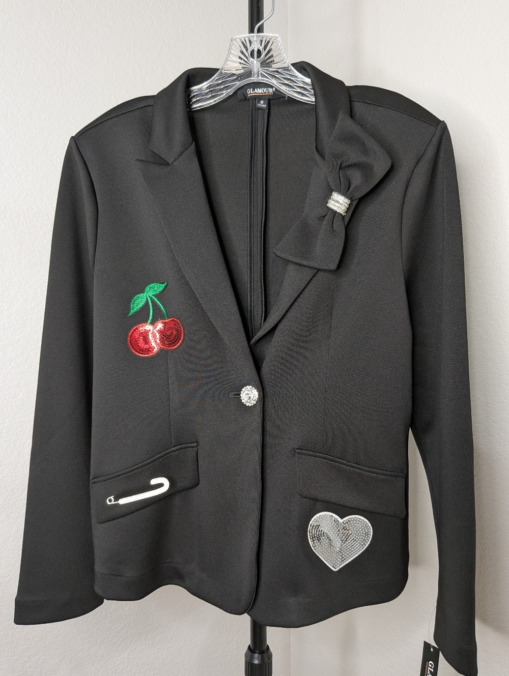 Glamour Black Embellished Bow-Accent Blazer with Sequin Motifs